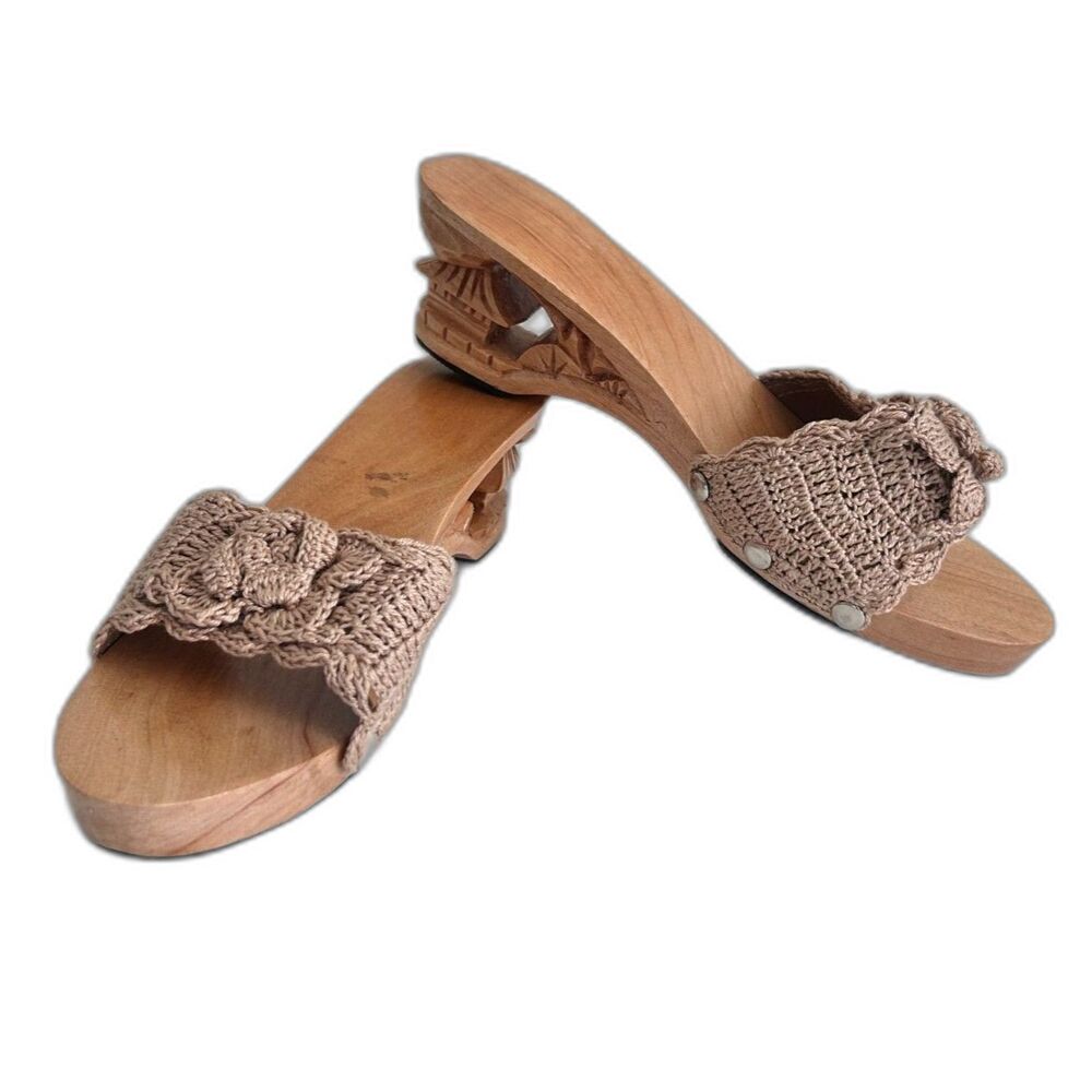 Sculpted Wood Carved Macrame Knit Slide Mule Wedge Sandals - Size 8